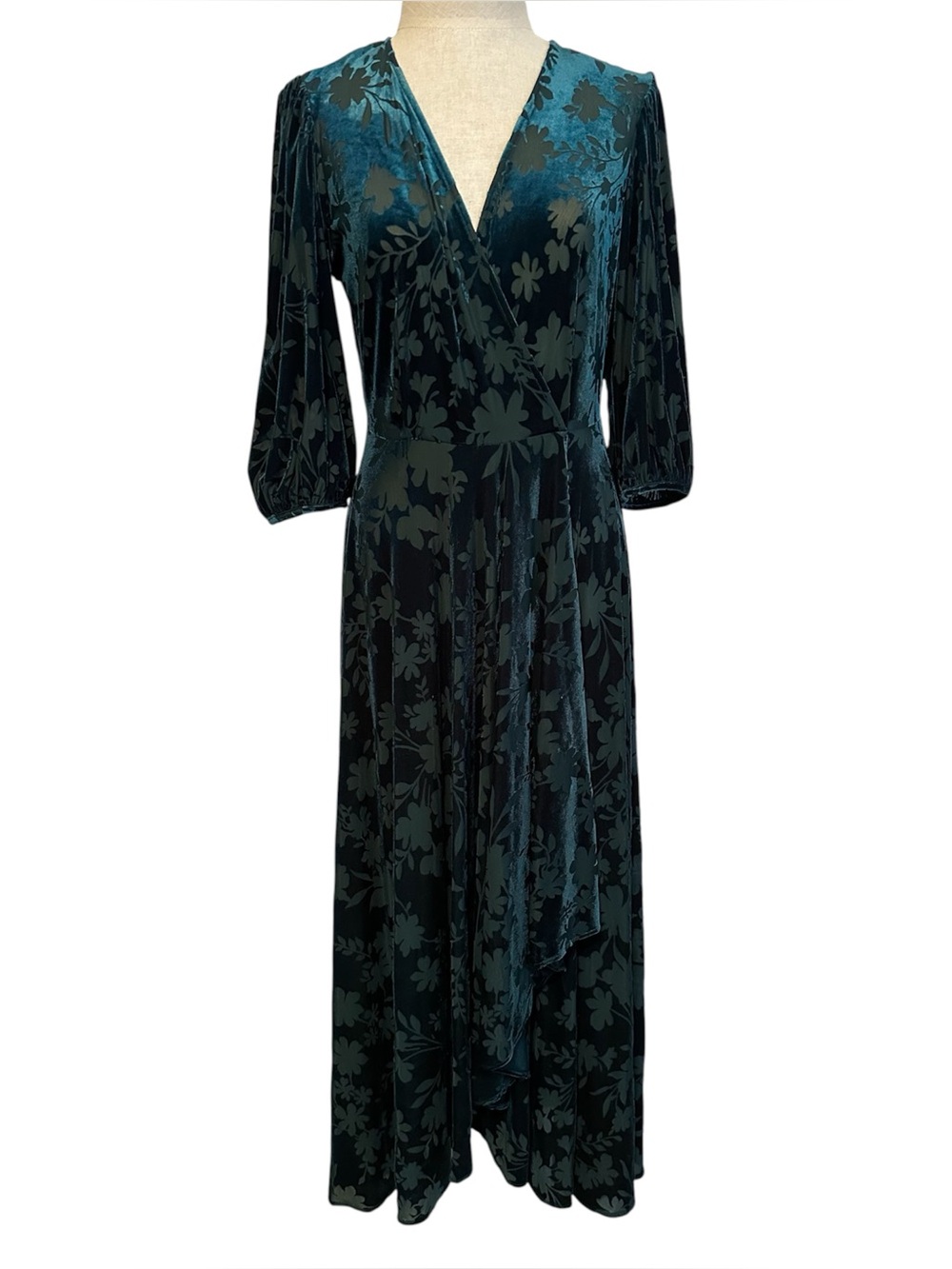 Calvin Klein Teal Blue/Green Velvet Burnout Faux Wrap Midi Dress Size 2